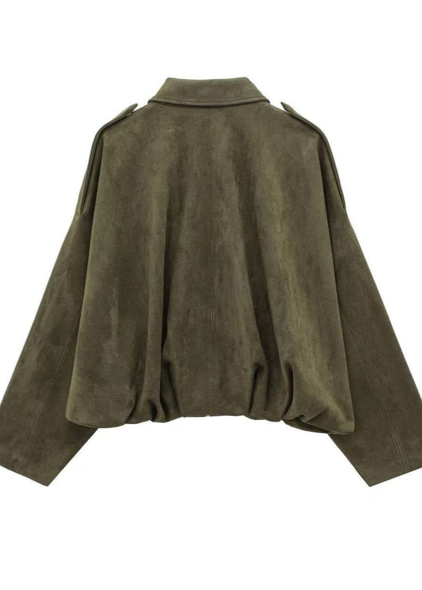 OliveAura Oversized Suede Zip Jacket