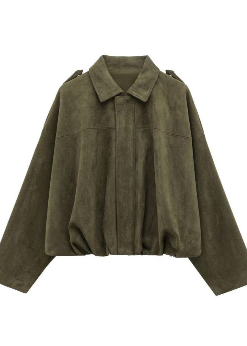 OliveAura Oversized Suede Zip Jacket