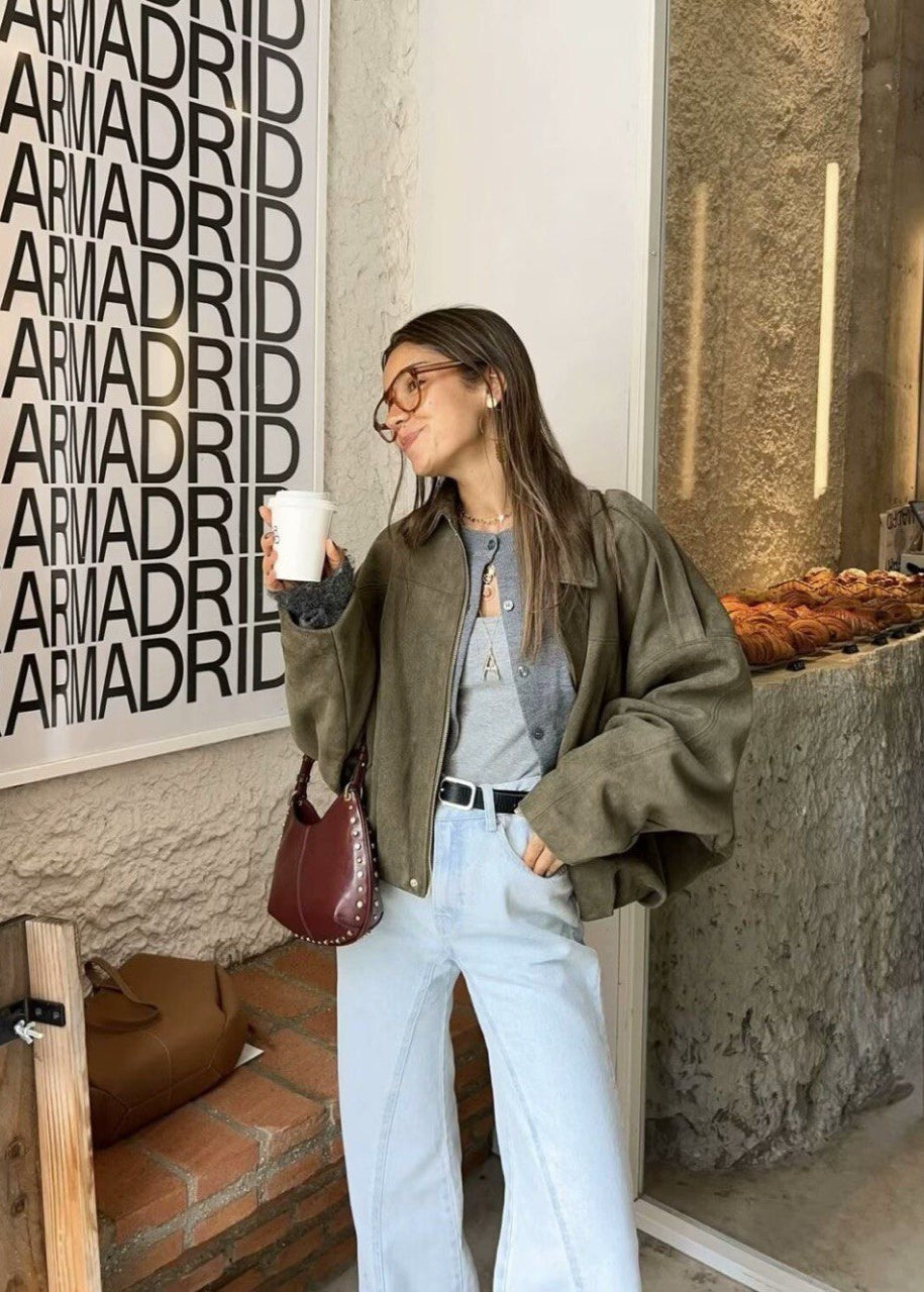 OliveAura Oversized Suede Zip Jacket